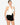 Model wearing off-white halter neck open-back top with buckle detail, styled for a sleek, modern look, studio background